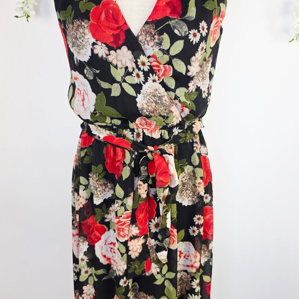 Disney Beauty Beast Maxi Dress S Black Floral Wrap Tie Cottage Romantic Feminine - Picture 5 of 16